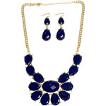 Gold and Navy Faceted Stone Bib Fashion Necklace and Double-Stone Drop Earrings Set