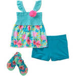 Healthtex Baby Toddler Girl Tee, Shorts, and Flip Flops 3-Piece Outfit Set
