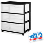 Sterilite 3 Drawer Wide Cart- Black